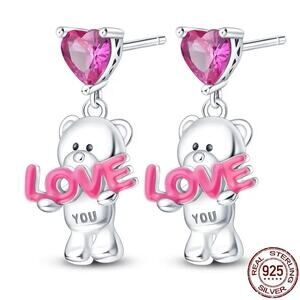 Sterling Silver Teddy‎ Bear Heart Pink Zircon Drop Earrings - S925